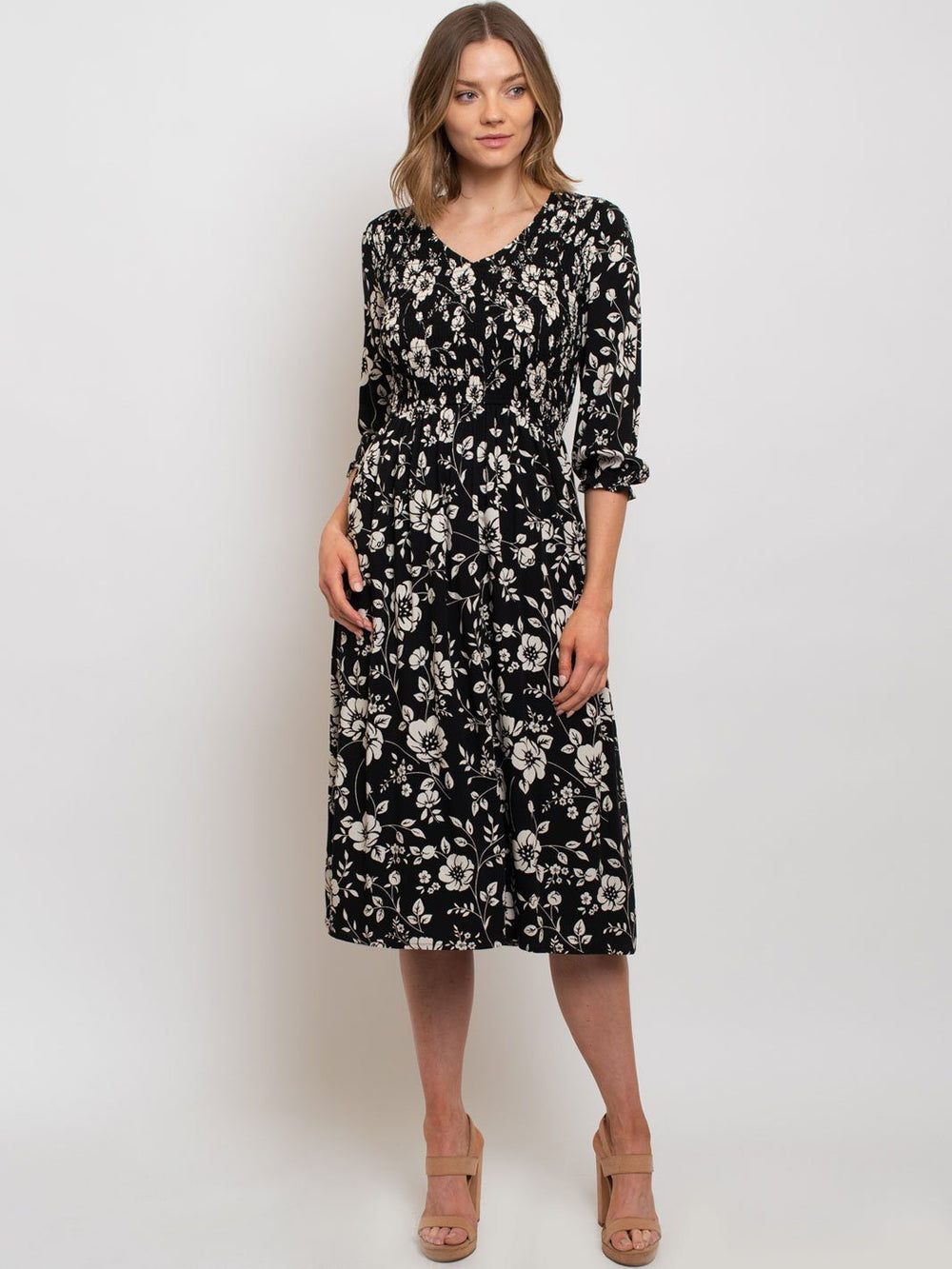 WOMEN'S FLORAL SMOCKED MIDI DRESS