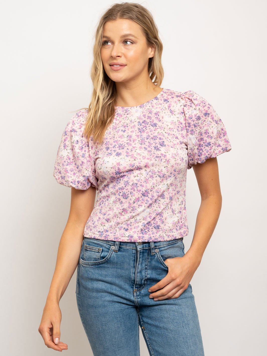 WOMEN'S PUFFED SLEEVE CREW NECK TOP