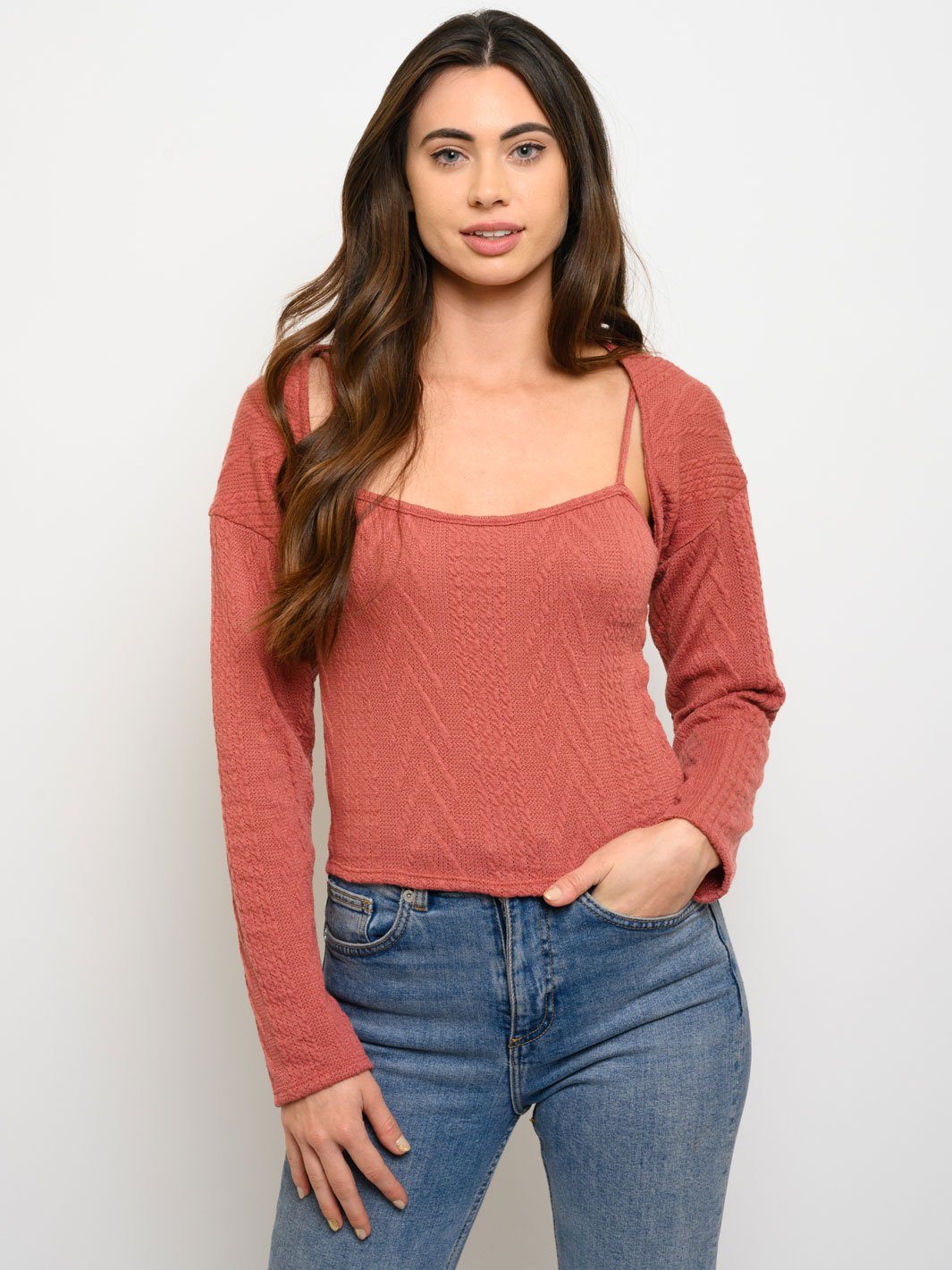 WOMEN'S CABLE KNIT TWOFER 2PC TOP