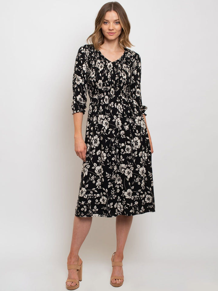 WOMEN'S FLORAL SMOCKED MIDI DRESS