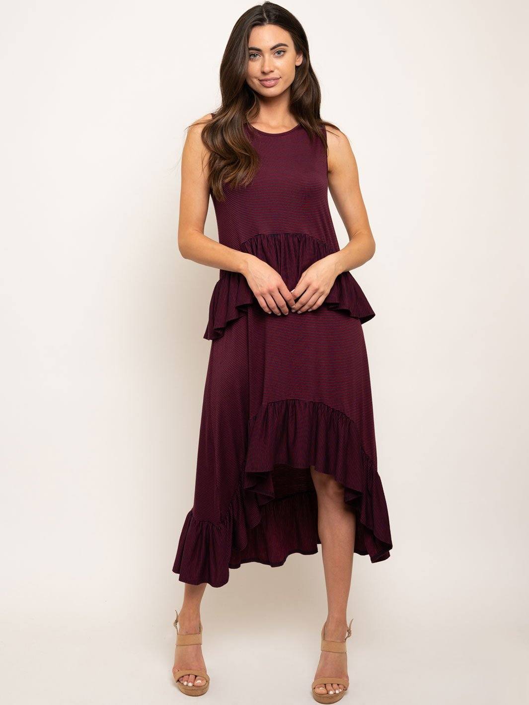 WOMEN'S STRIPED ASYMMETRICAL RUFFLE DETAIL DRESS