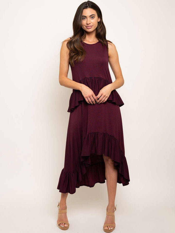 WOMEN'S STRIPED ASYMMETRICAL RUFFLE DETAIL DRESS