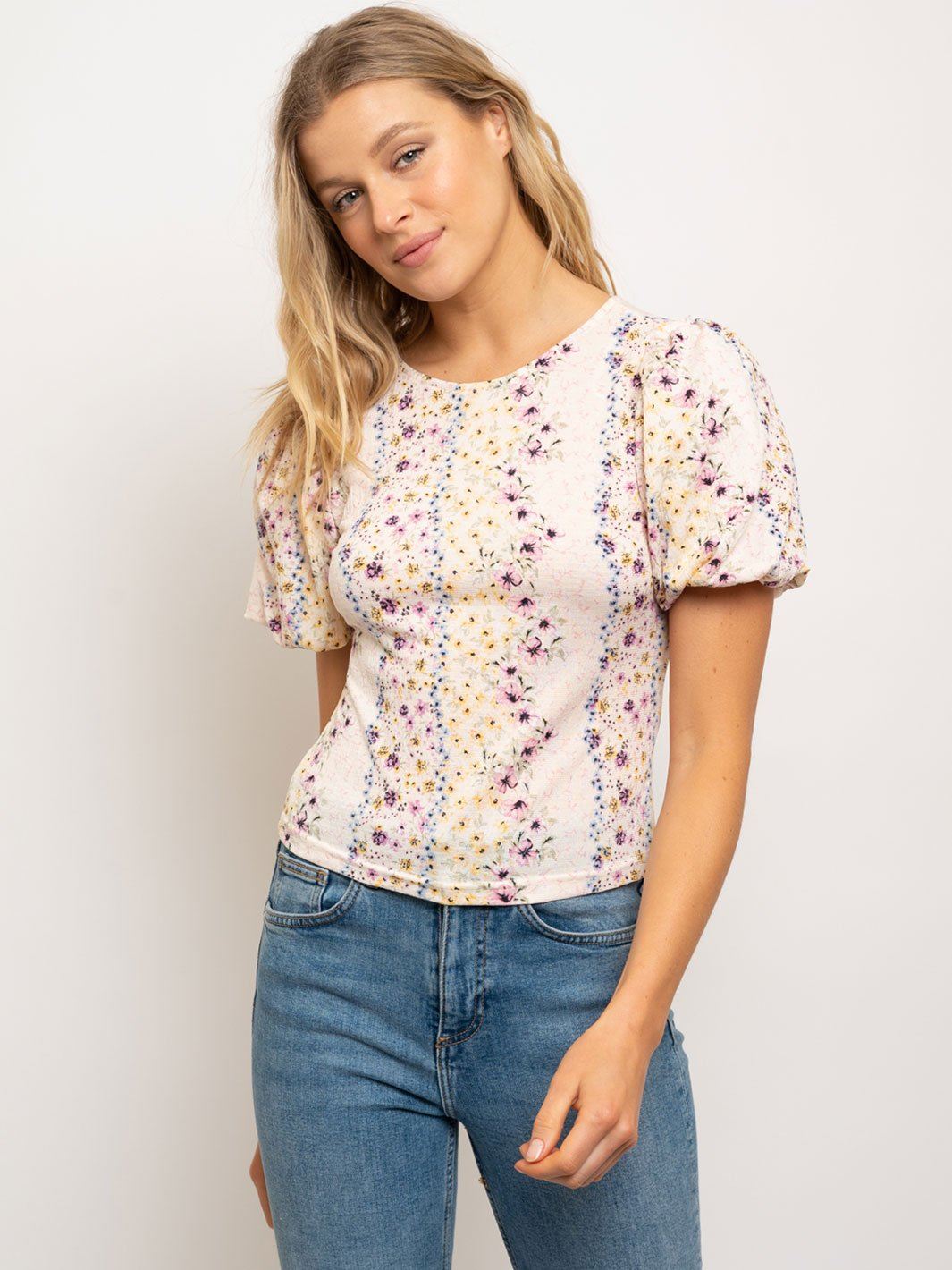 WOMEN'S PUFFED SLEEVE CREW NECK TOP