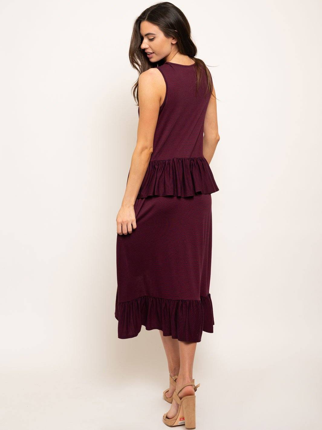 WOMEN'S STRIPED ASYMMETRICAL RUFFLE DETAIL DRESS