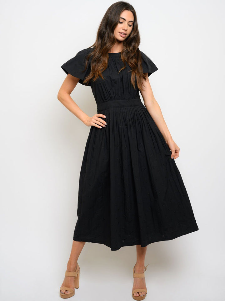 WOMEN'S PIN TUCK DETAIL EYELET MIDI DRESS