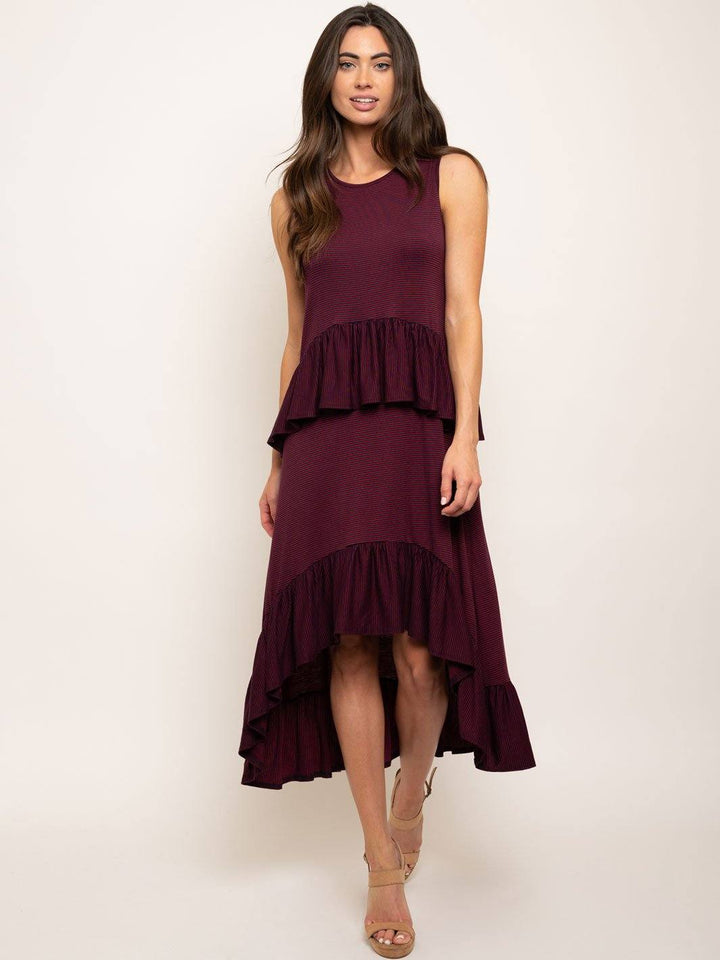 WOMEN'S STRIPED ASYMMETRICAL RUFFLE DETAIL DRESS