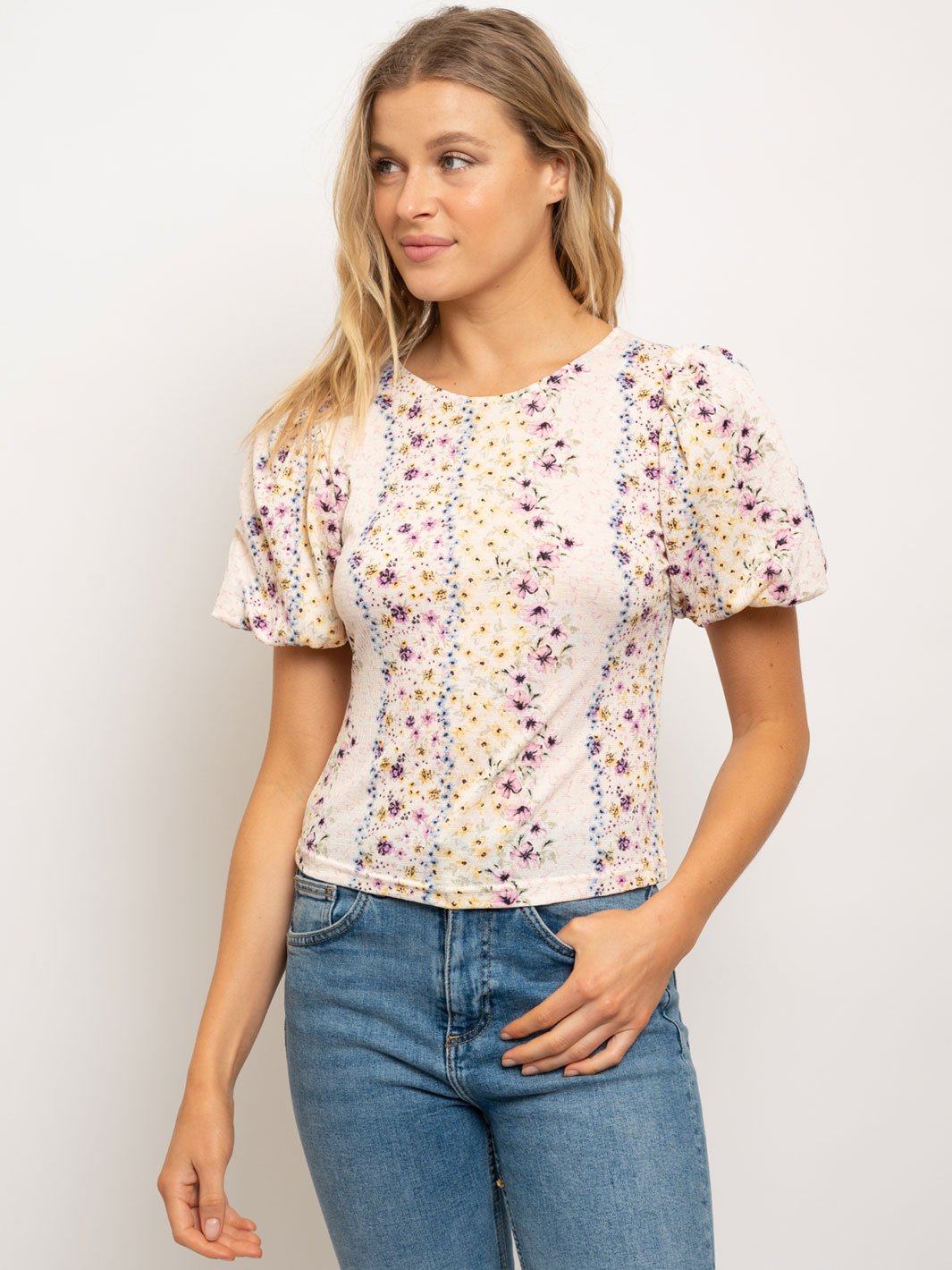 WOMEN'S PUFFED SLEEVE CREW NECK TOP