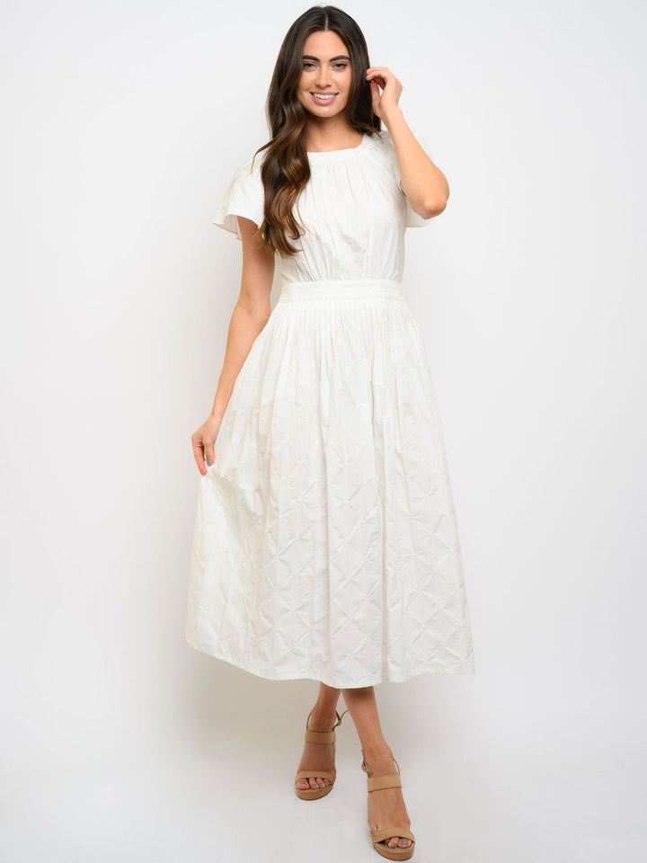 WOMEN'S PIN TUCK DETAIL EYELET MIDI DRESS