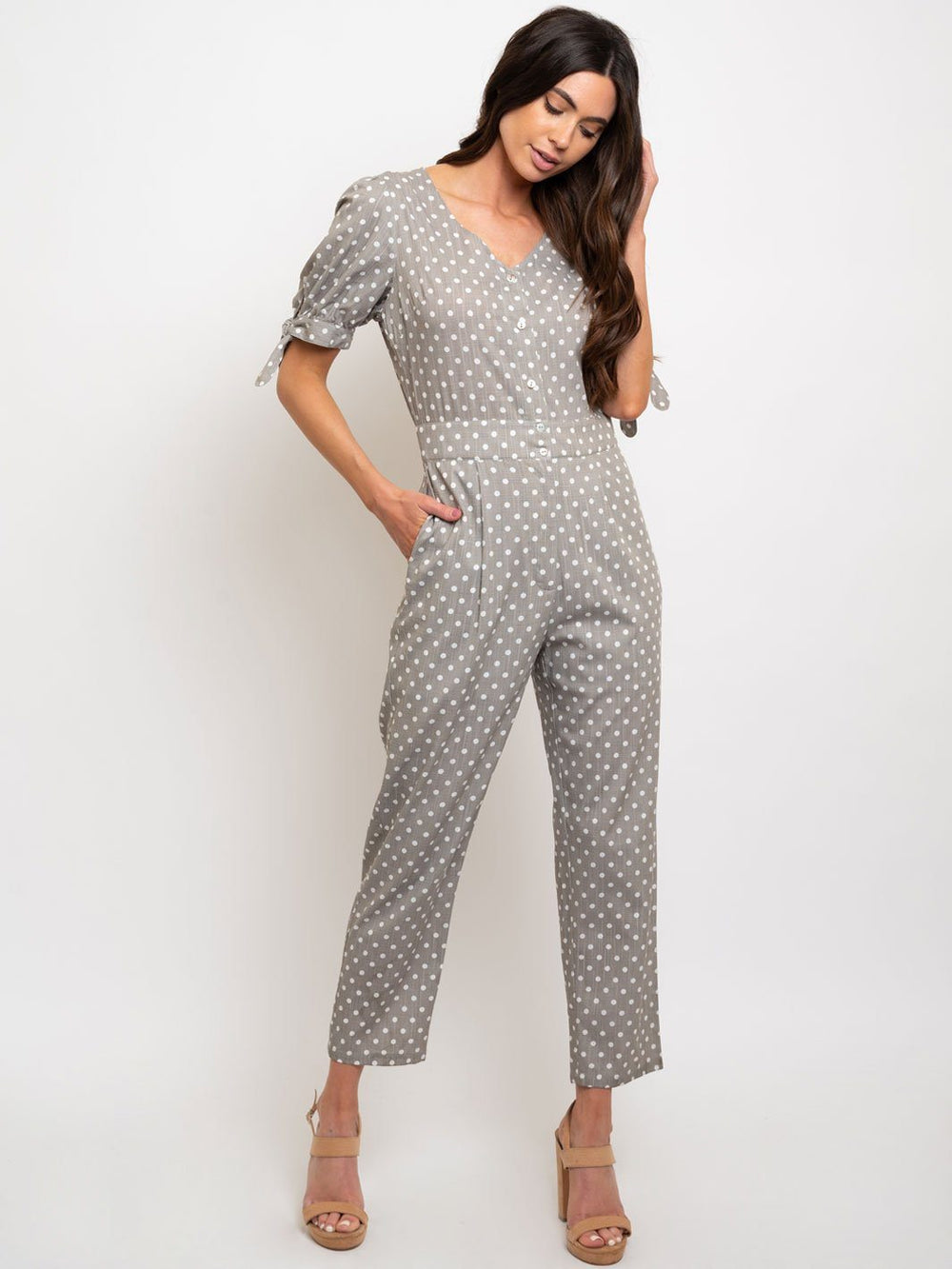 WOMEN'S TIE SLEEVE POLKA DOT JUMPSUIT