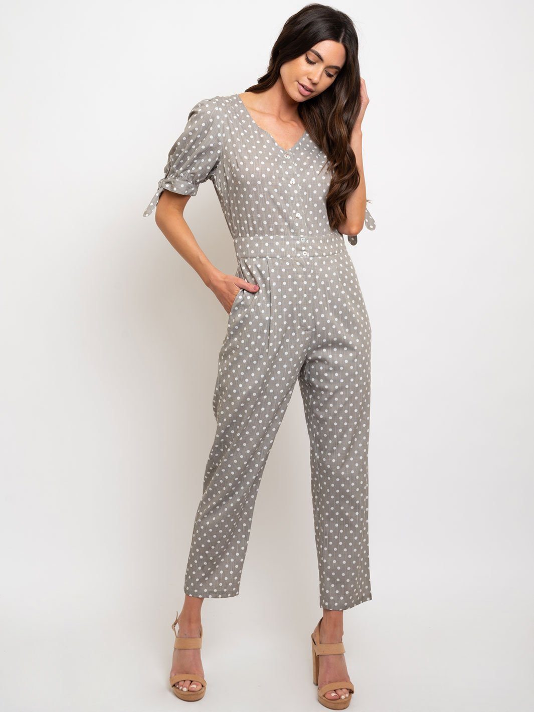 WOMEN'S TIE SLEEVE POLKA DOT JUMPSUIT