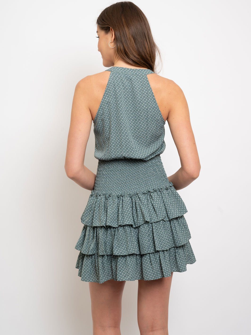 WOMEN'S HALTER NECK SMOCKED WITH RUFFLED SKIRT DRESS