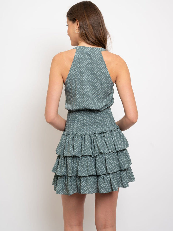 WOMEN'S HALTER NECK SMOCKED WITH RUFFLED SKIRT DRESS