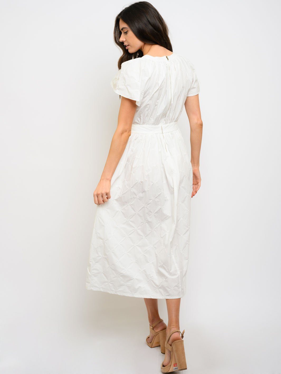 WOMEN'S PIN TUCK DETAIL EYELET MIDI DRESS