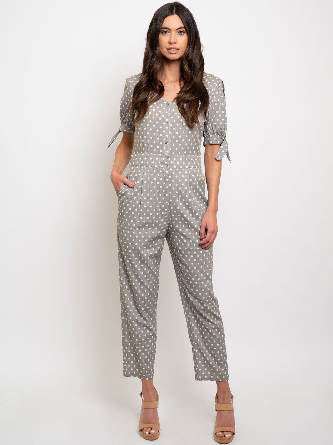 WOMEN'S TIE SLEEVE POLKA DOT JUMPSUIT
