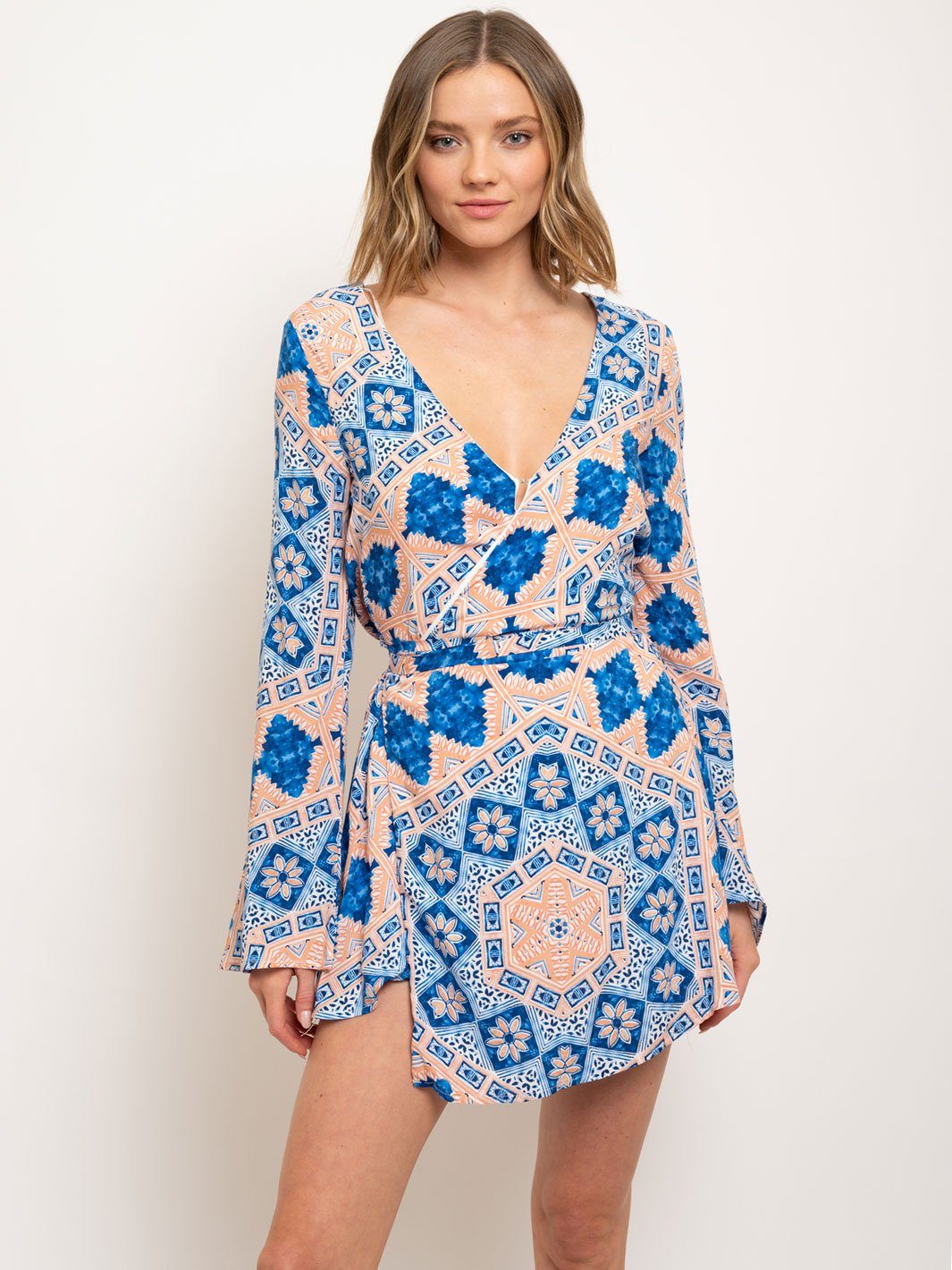 WOMEN'S LONG SLEEVE WRAP MINI DRESS