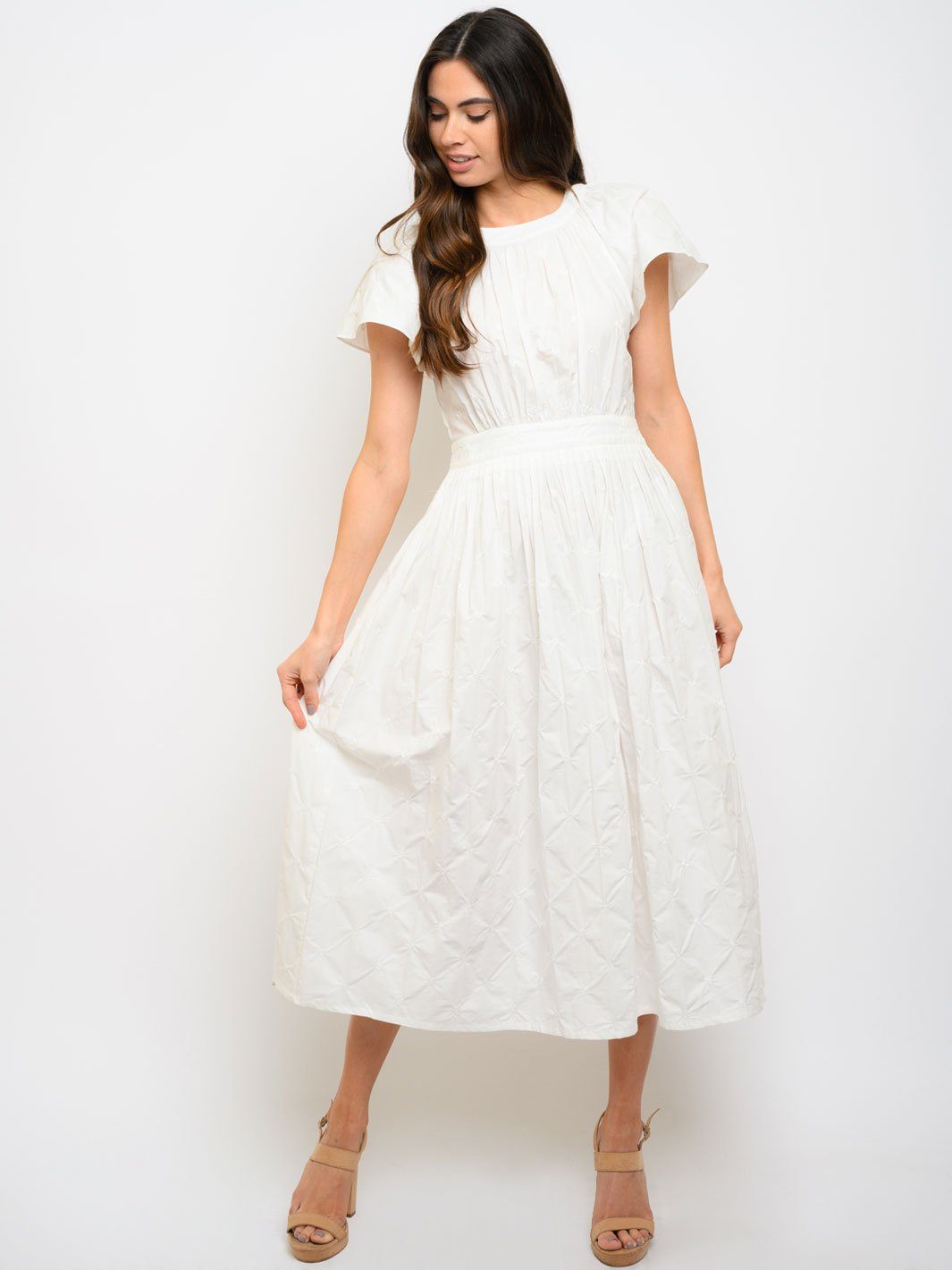 WOMEN'S PIN TUCK DETAIL EYELET MIDI DRESS