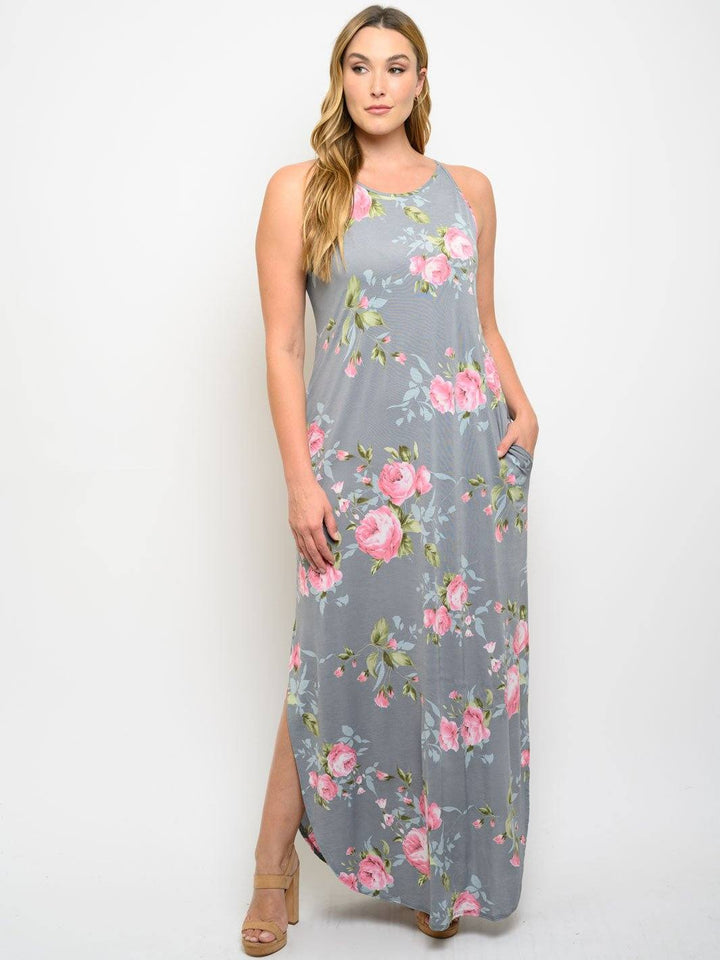 PLUS SIZE FLORAL WITH POCKETS MAXI DRESS