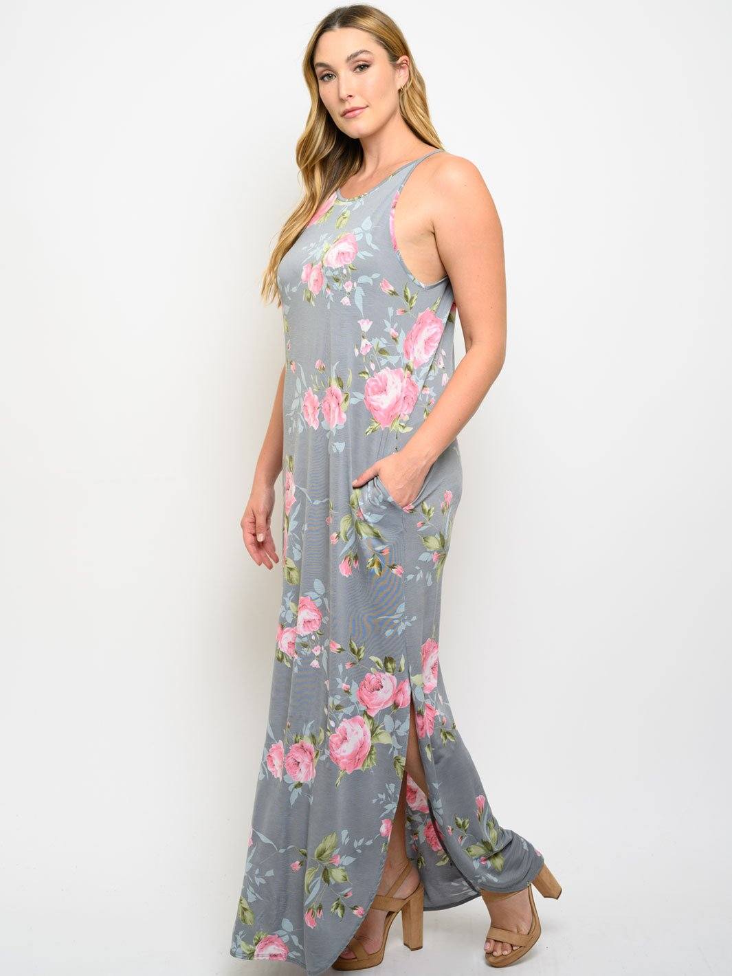 PLUS SIZE FLORAL WITH POCKETS MAXI DRESS