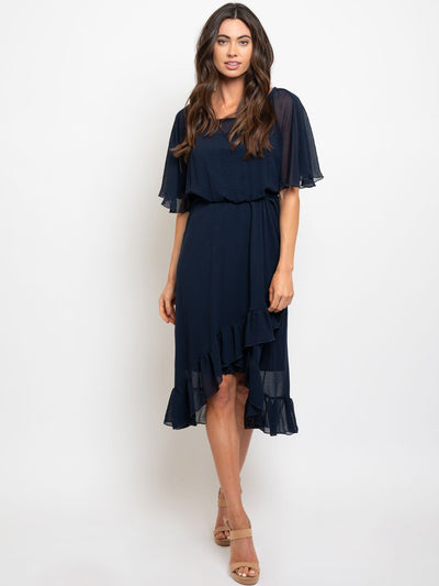 WOMEN'S NAVY RUFFLE MIDI DRESS