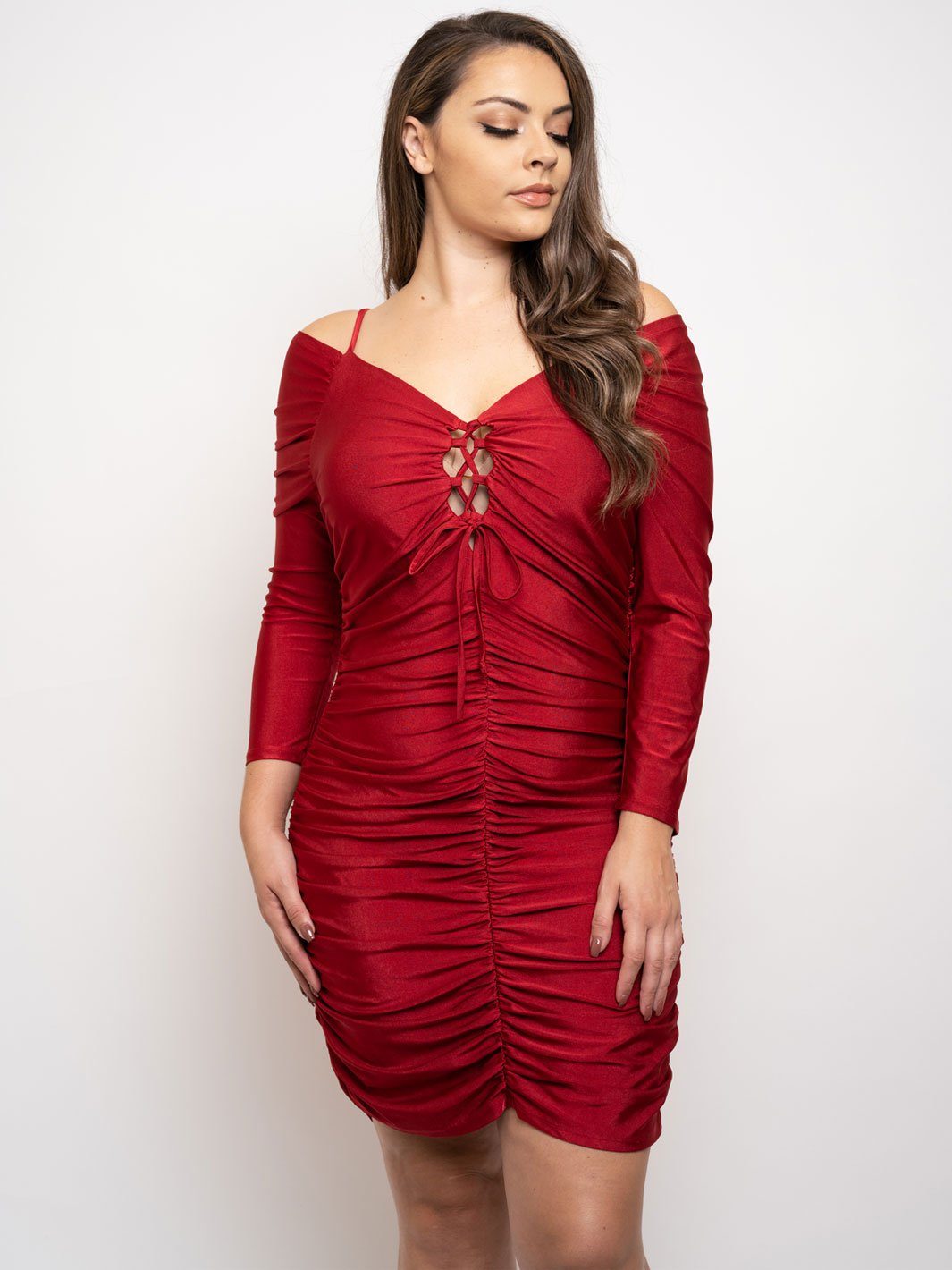 PLUS SIZE RUCHED OFF SHOULDER MINI DRESS