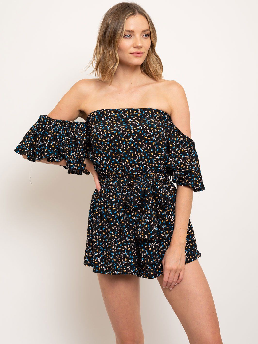 WOMEN'S OFF SHOULDER SMOCK WAIST ROMPER
