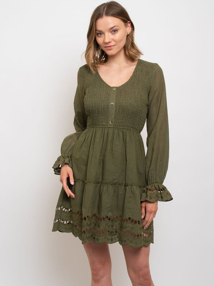 WOMEN'S SMOCKED EYELIT CROCHET DRESS