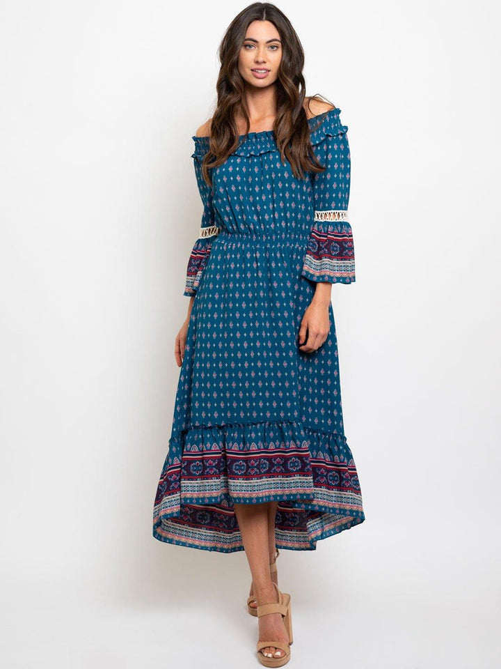 WOMEN'S OFF SHOULDER MULTI PRINT MAXI DRESS