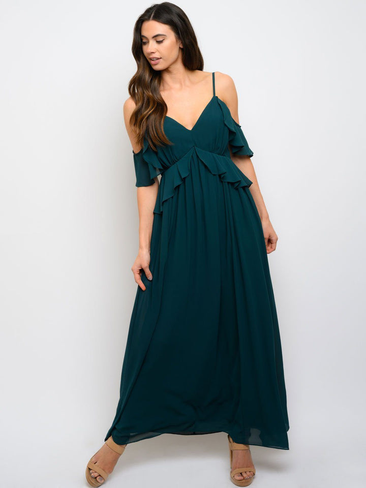 WOMEN'S COLD SHOULDER RUFFLE MAXI DRESS