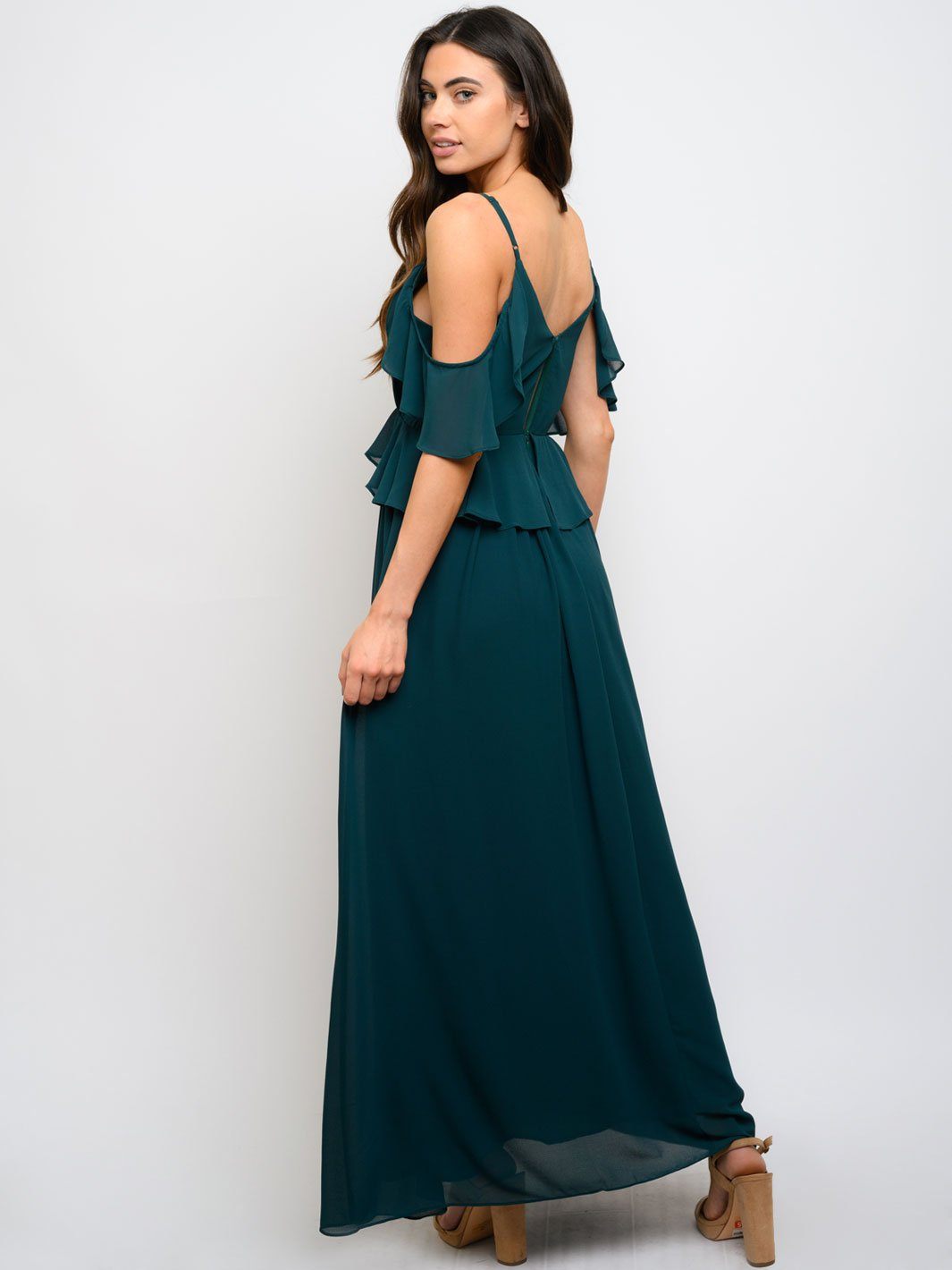 WOMEN'S COLD SHOULDER RUFFLE MAXI DRESS