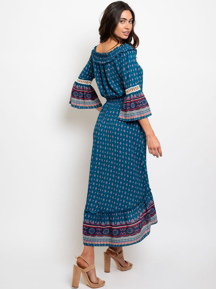 WOMEN'S OFF SHOULDER MULTI PRINT MAXI DRESS