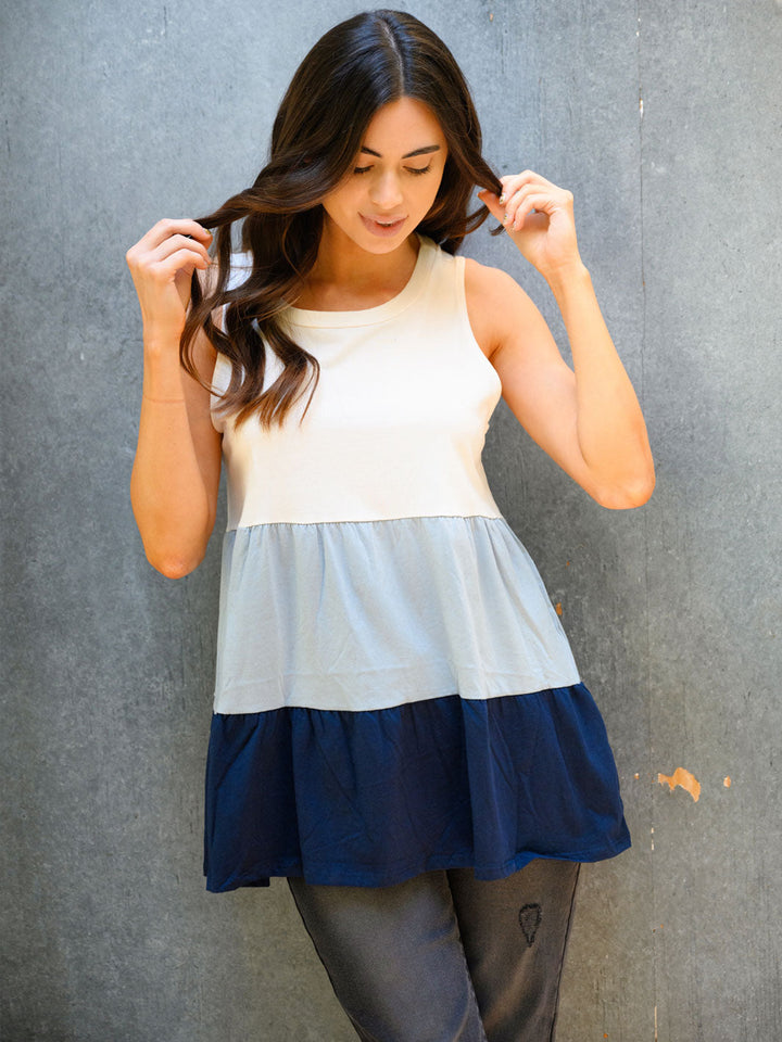 WOMEN'S SLEVELESS COLOR BLOCK TIERES RUFFLE KNIT TOP