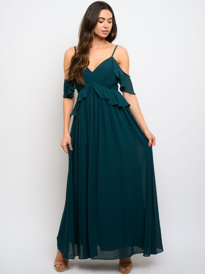 WOMEN'S COLD SHOULDER RUFFLE MAXI DRESS