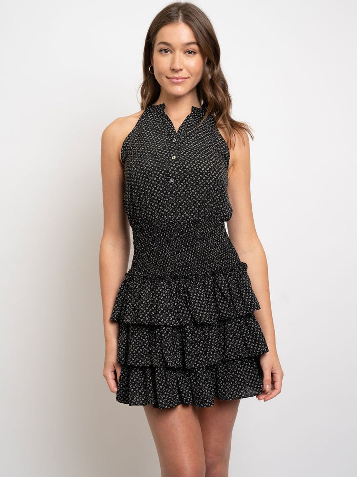 WOMEN'S HALTER NECK SMOCKED WITH RUFFLED SKIRT DRESS