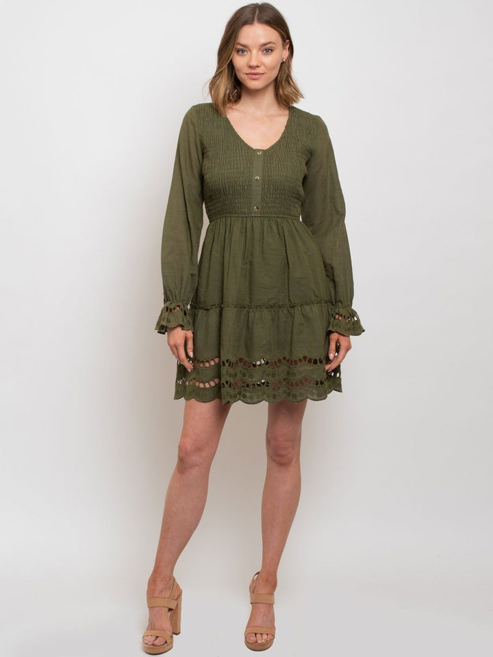 WOMEN'S SMOCKED EYELIT CROCHET DRESS