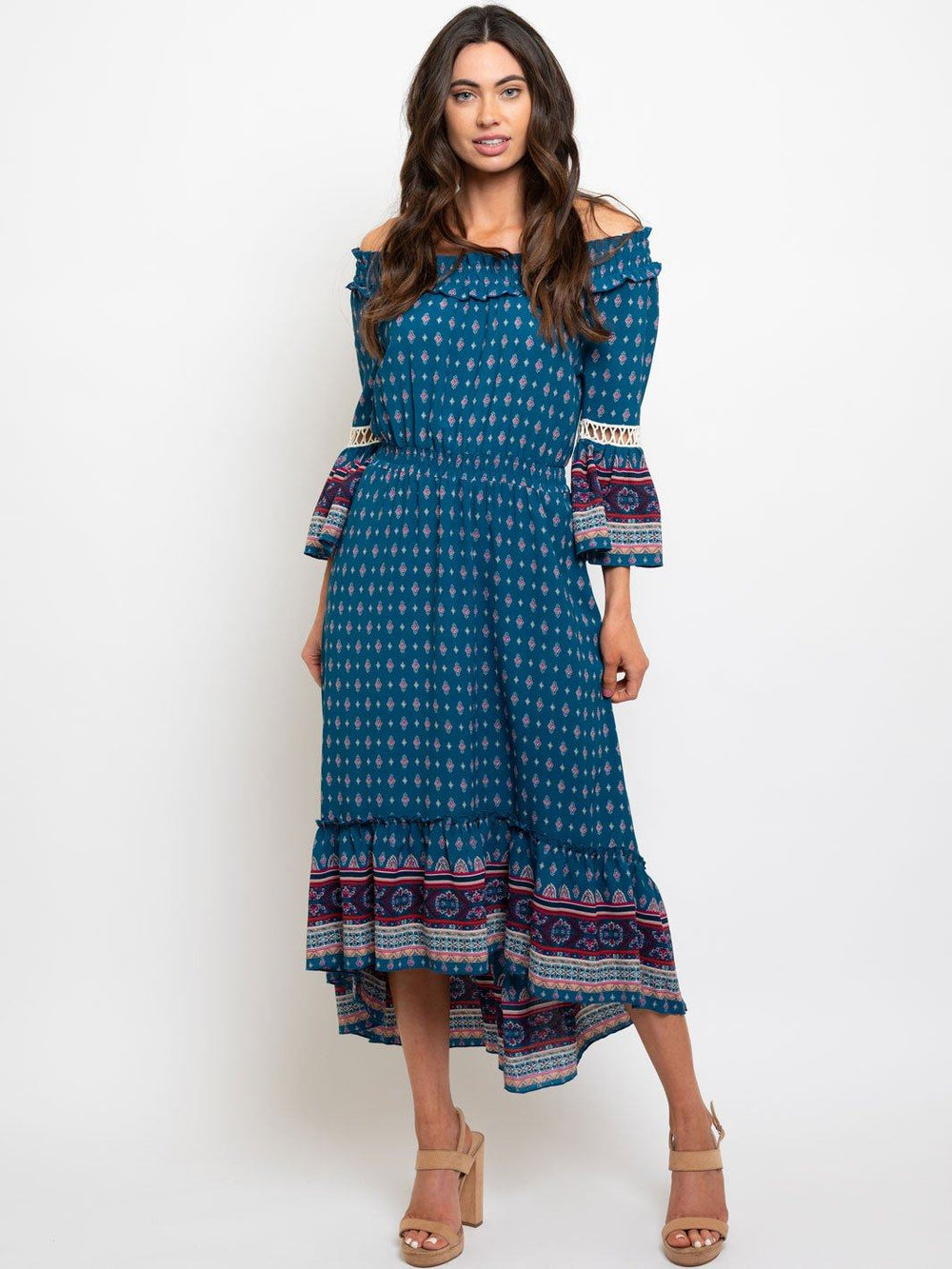 WOMEN'S OFF SHOULDER MULTI PRINT MAXI DRESS