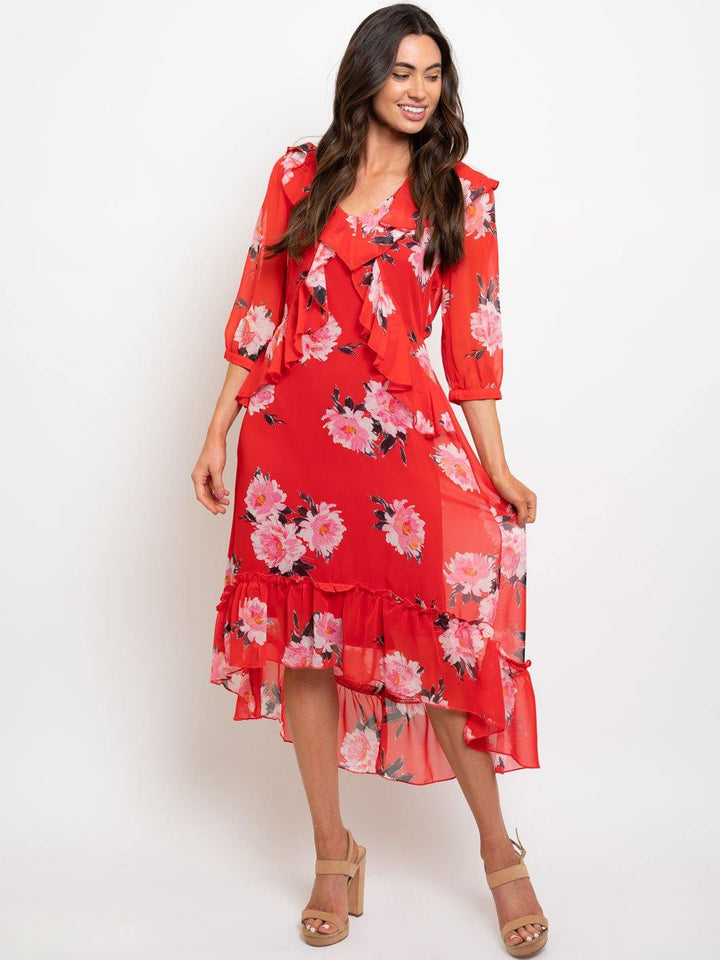 WOMEN'S FLORAL RUFFLE TRIM MAXI DRESS