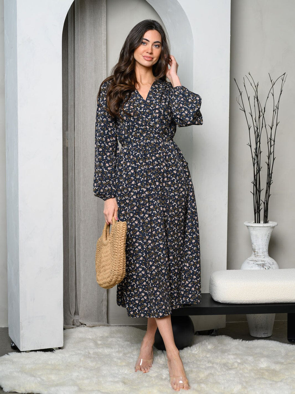 WOMEN'S LONG SLEEVE SURPLICE FRONT POCKETS FLORAL MIDI DRESS