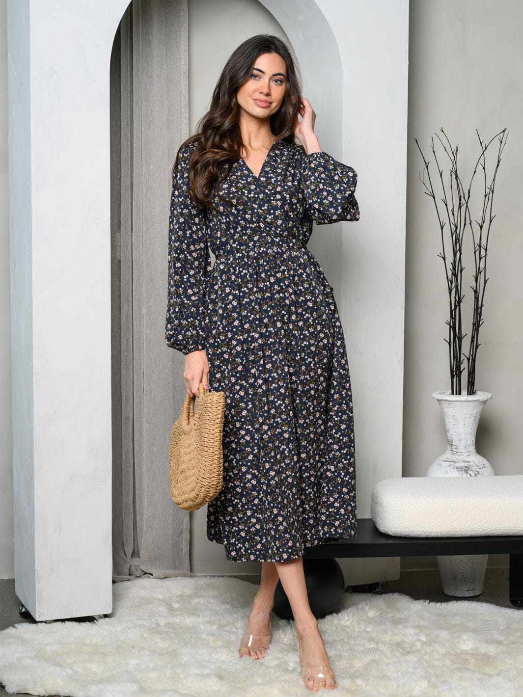WOMEN'S LONG SLEEVE SURPLICE FRONT POCKETS FLORAL MIDI DRESS