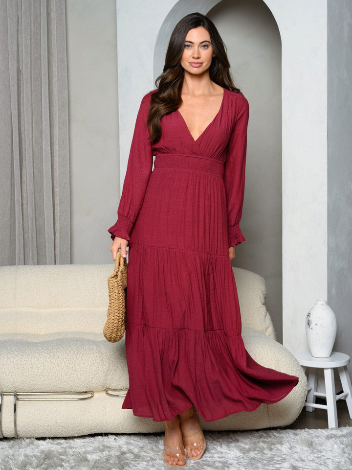 WOMEN'S LONG SLEEVE V-NECK SMOCK WAIST MAXI DRESS