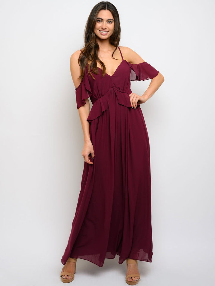 WOMEN'S COLD SHOULDER RUFFLE MAXI DRESS