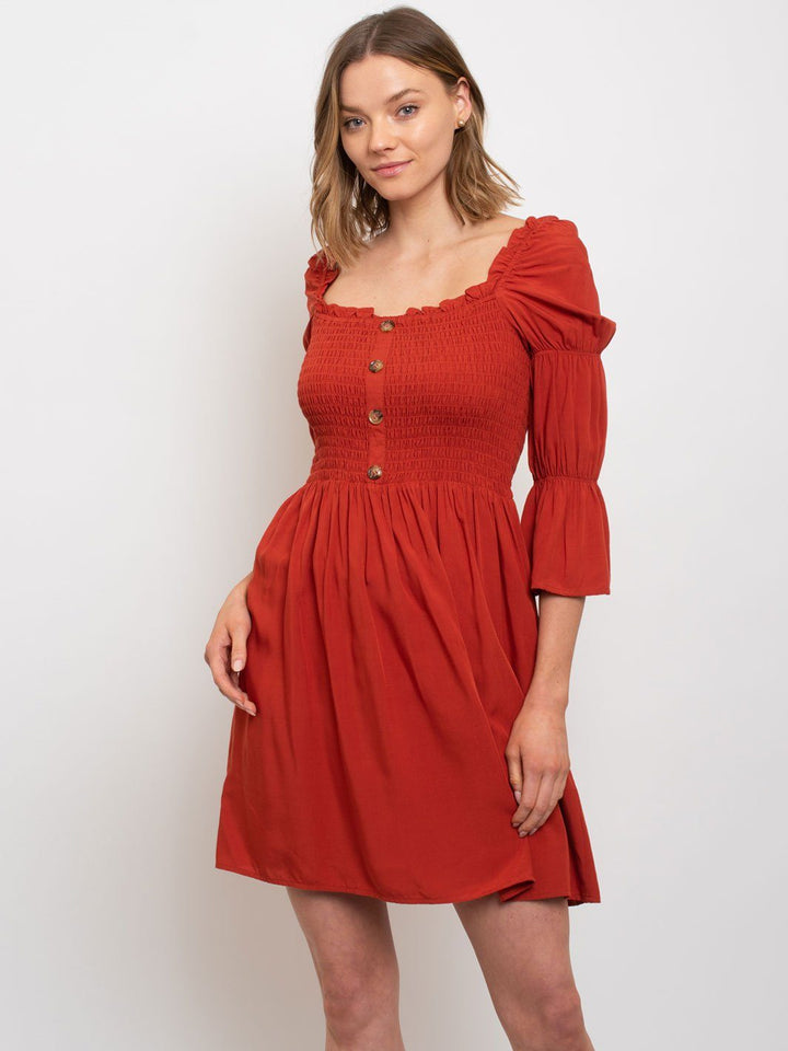 WOMEN'S SEMI OFF SHOULDER SMOCKING TOP MINI DRESS