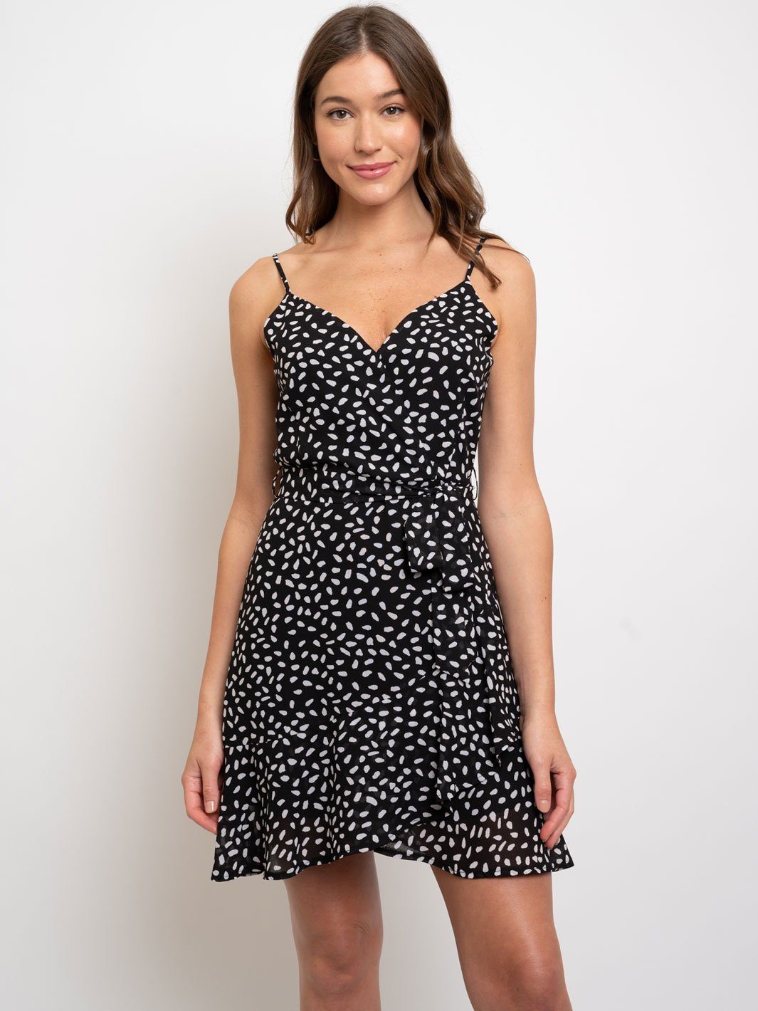 WOMEN'S SURPLICE PRINTED RUFFLE MIDI DRESS