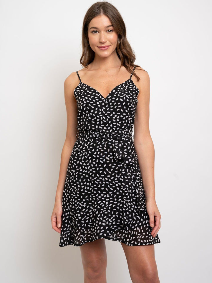 WOMEN'S SURPLICE PRINTED RUFFLE MIDI DRESS