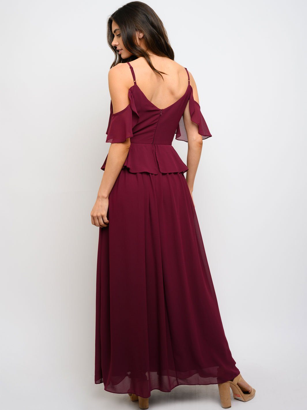 WOMEN'S COLD SHOULDER RUFFLE MAXI DRESS