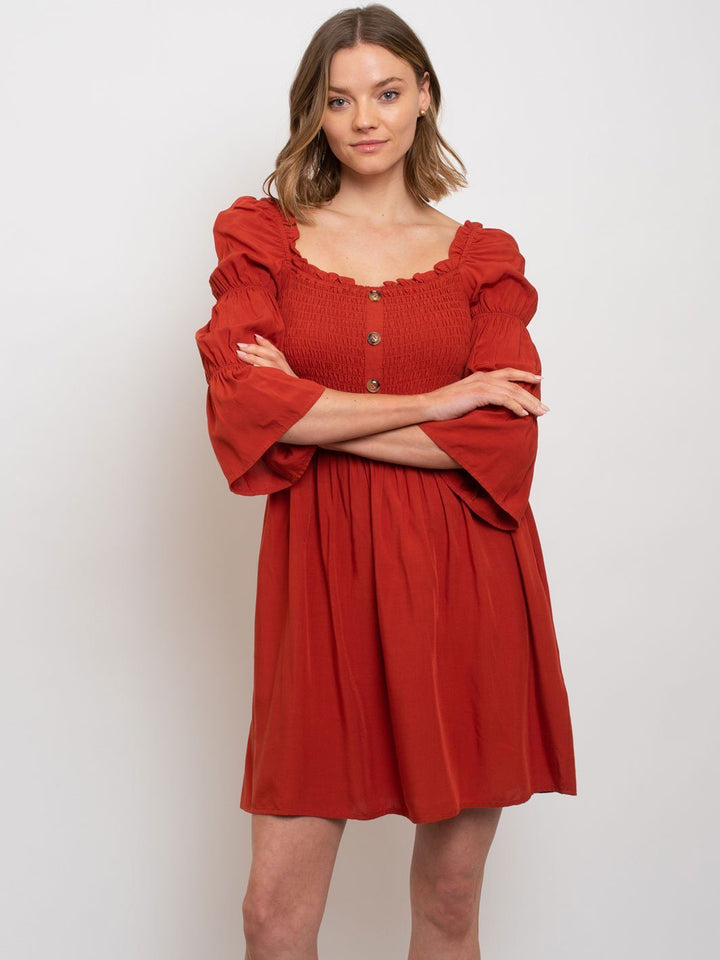 WOMEN'S SEMI OFF SHOULDER SMOCKING TOP MINI DRESS