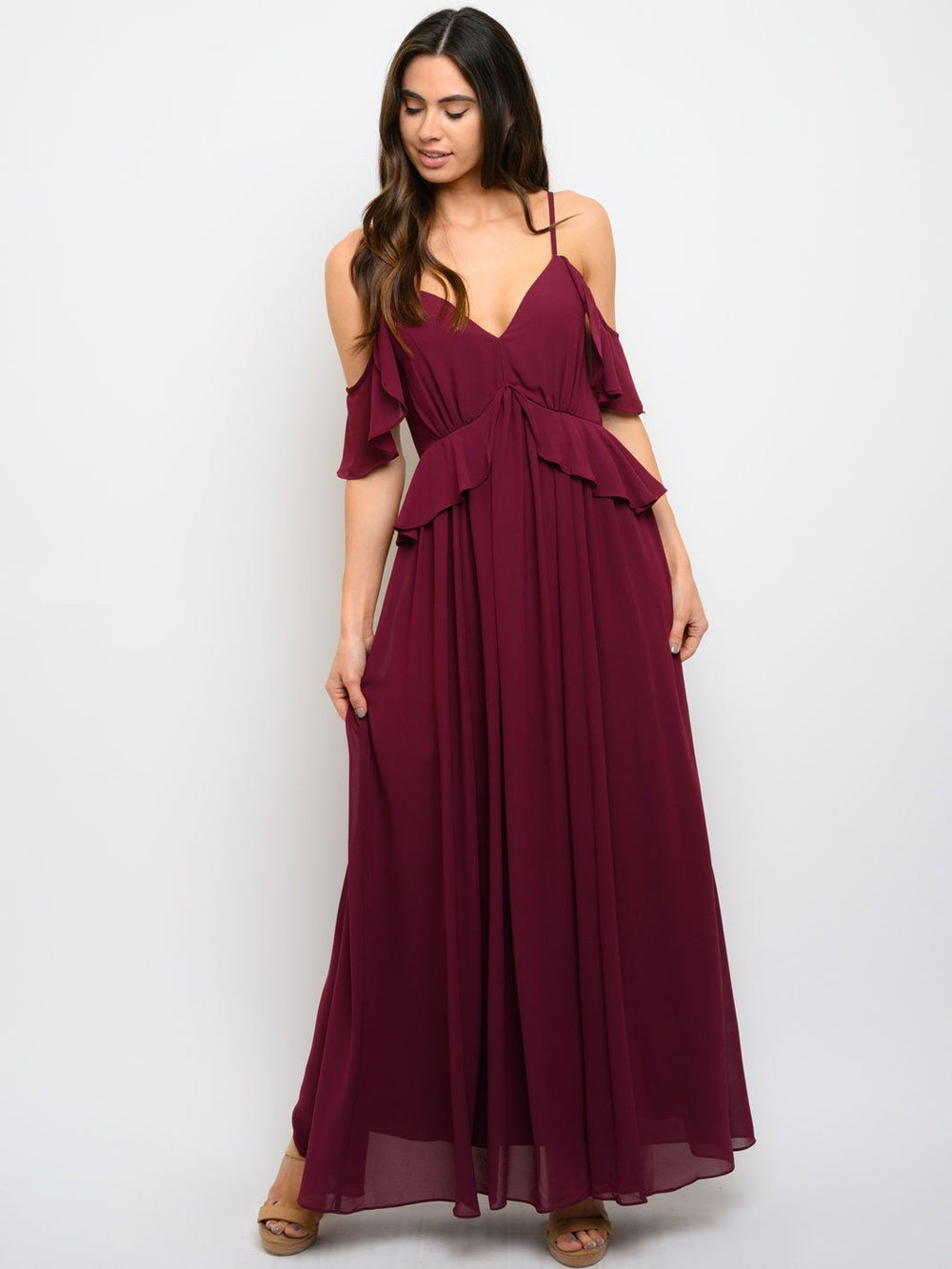 WOMEN'S COLD SHOULDER RUFFLE MAXI DRESS