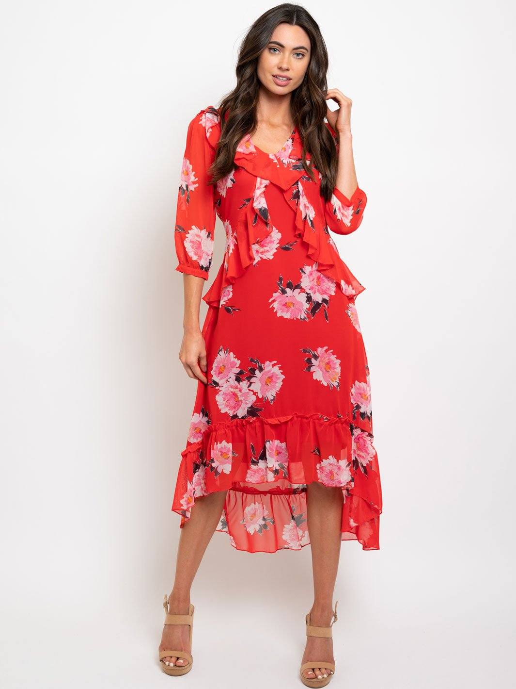 WOMEN'S FLORAL RUFFLE TRIM MAXI DRESS