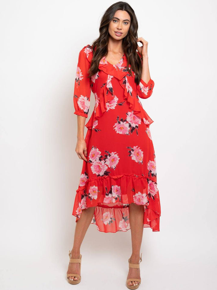 WOMEN'S FLORAL RUFFLE TRIM MAXI DRESS