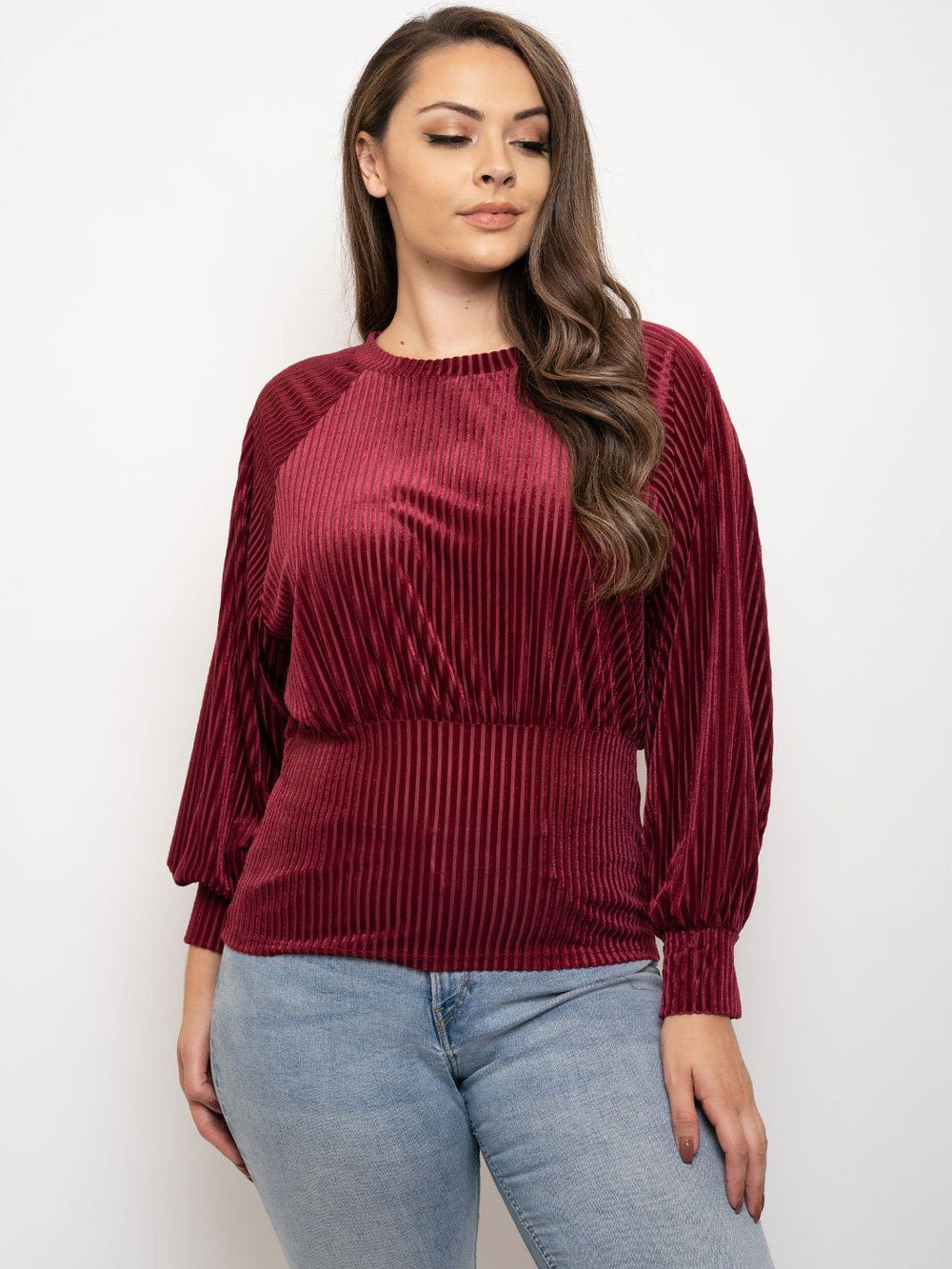PLUS SIZE LONG PUFF SLEEVE VELVET TOP
