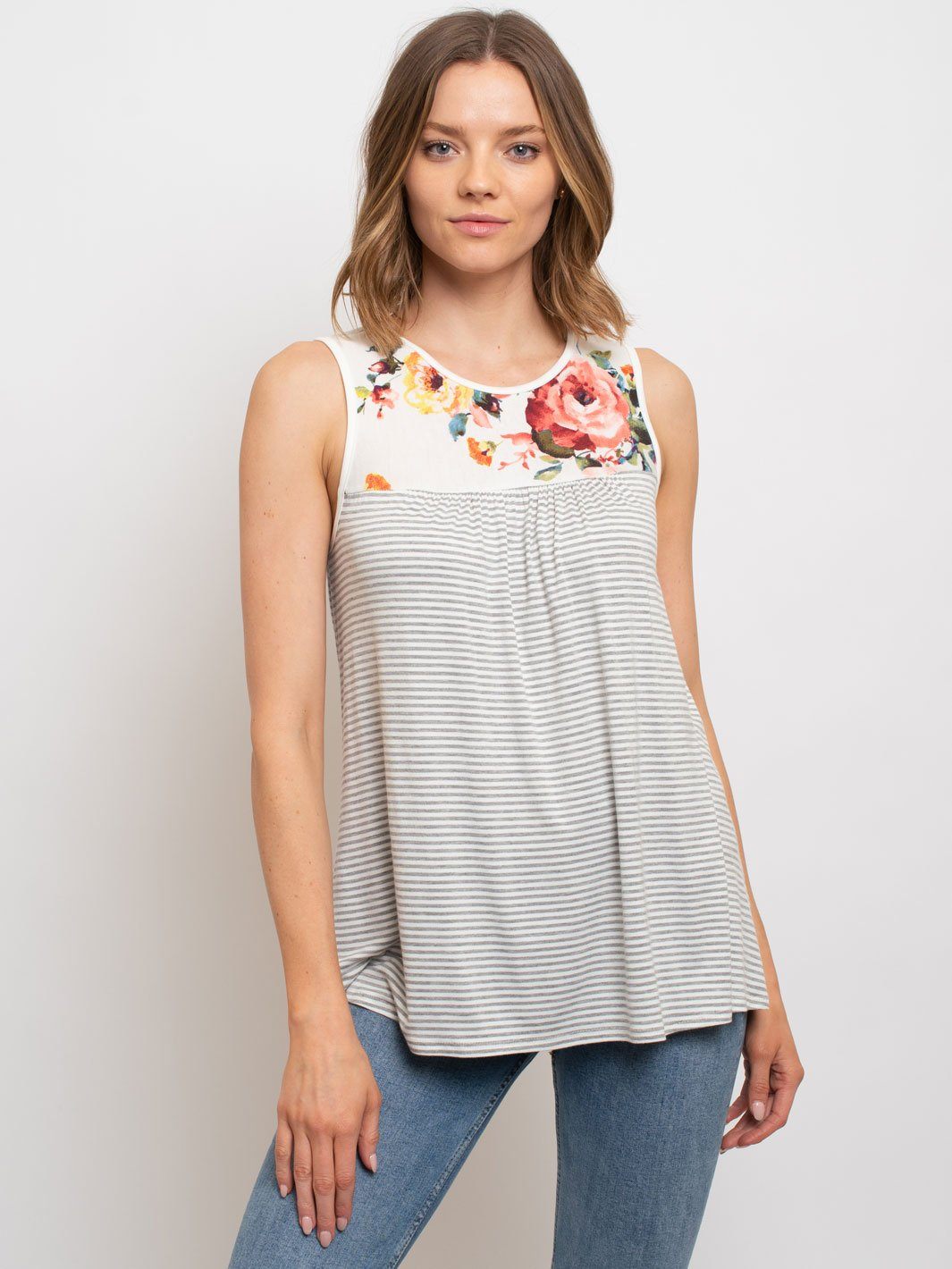 WOMEN'S SLEEVELESS TUNIC FLORAL PIN STRIPES TOP